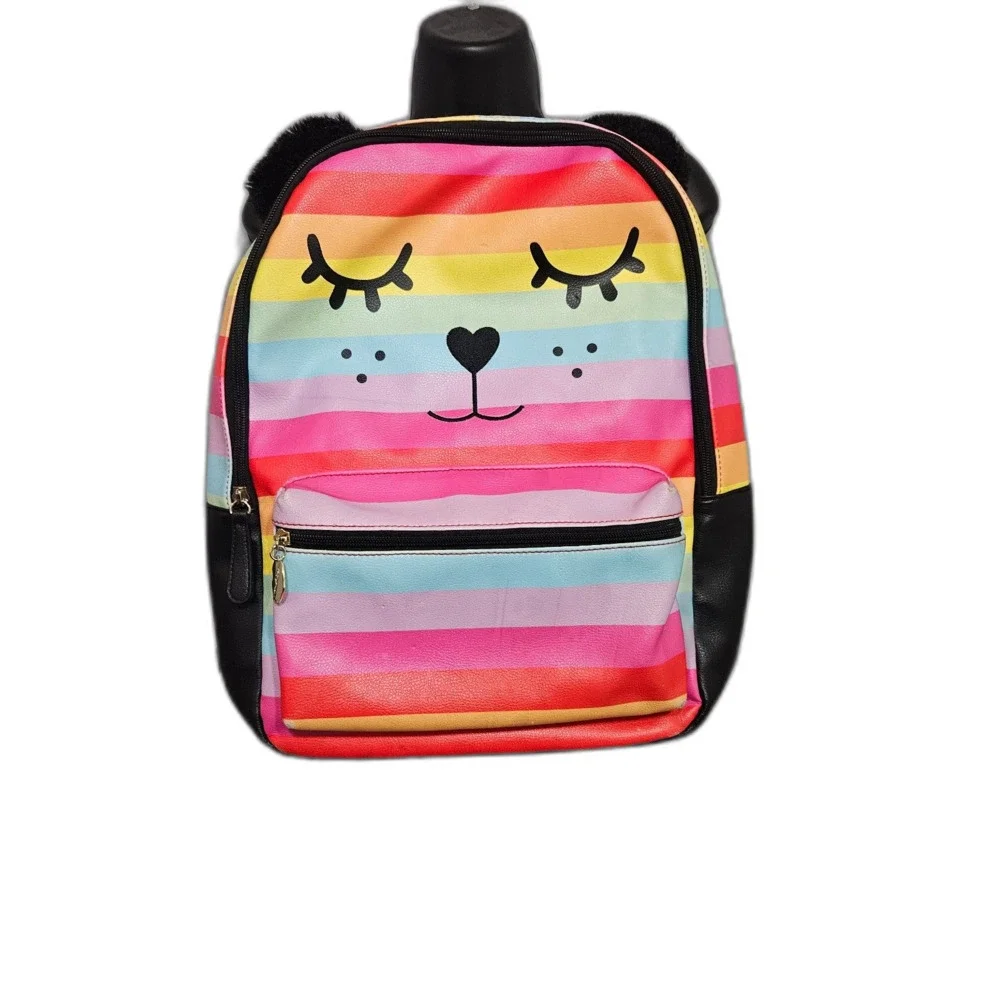 Love Betsey Black & Rainbow Sleeping Bear Backpack Medium Faux Leather Flawed